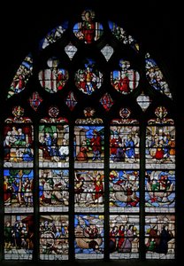 Ventana w3 que representa escenas de la vida de San Nicolás de French School