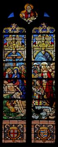 Ventana w4 que representa el Descendimiento de la Cruz con el donante François de Montmorency y Santa Françoise