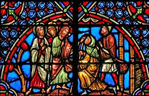 Ventana w4 que representa la curación del ciego (una ventana moderna) de French School