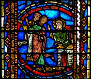 Ventana w53 que representa a San Juan Bautista enviando a sus discípulos a Cristo de French School