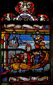 Ventana w5 que representa a María Magdalena zarpando desde Jerusalén de French School