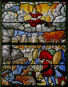 Ventana w5 que representa una escena del Libro de la Revelación de San Juan: los ejércitos de la tierra causan estragos; el mar entrega a sus muertos de French School