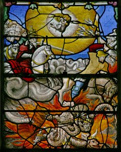 Ventana w5 que representa una escena del Libro de la Revelación de San Juan: el caballo blanco Verdadero