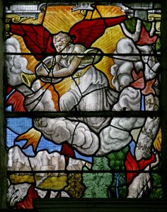 Ventana w5 que representa una escena del Libro de la Revelación de San Juan: uno de los siete ángeles con trompetas de French School