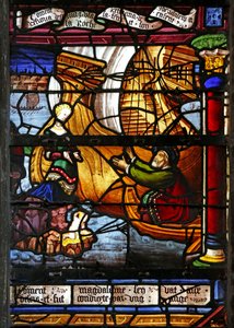 Ventana w5 que representa al Duque de Marsella regresando de Jerusalén y encontrando a su esposa en la roca con un hijo