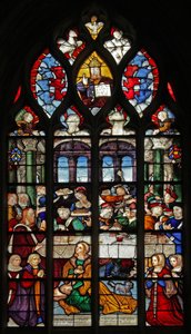 Ventana w5 que representa los eventos en la casa de Simón: María Magdalena lava los pies de Cristo de French School