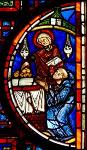 Ventana w5 que representa el milagro de los monjes y el granero de French School