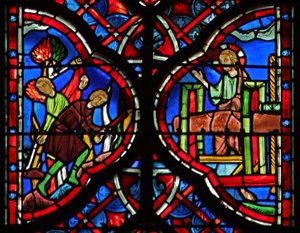 Ventana w6L Los árboles del bosque son talados con un hacha (L) Is X 33-34. Cristo con la prensa de vino (R) Is LXIII 1-6 de French School