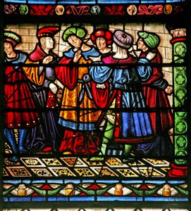 Ventana w6 que representa a los fariseos en la sinagoga