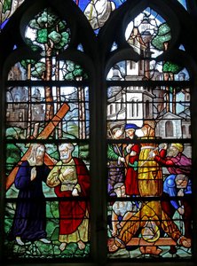 Ventana w6 representando a San Pedro se encuentra con Cristo fuera de Roma: Quo Vadis?; la crucifixión de San Pedro de French School