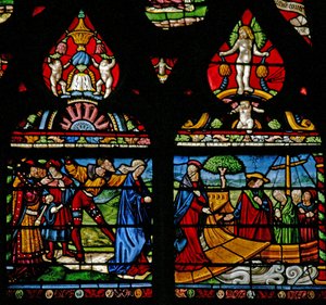 Ventana w6 que representa una escena de la vida de Santa María Magdalena - ella se embarca en un barco de French School