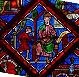 Ventana w6 que representa el Milagro del niño judío - le dice a su padre que tomó la comunión de French School