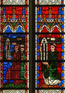 Ventana w7 que representa a los donantes, los pañeros de Sées y el decano de Argentan dando una ventana de French School