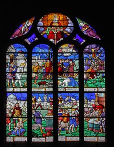 Ventana w7 representando escenas de la vida de Santa Bárbara de French School
