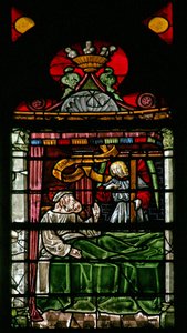 Ventana w8 que representa la revelación de Constantino(?) en su lecho de muerte de French School