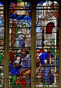 Ventana que representa la adoración de los pastores; el donante, Baurot y San Roque de French School
