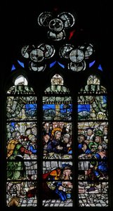 Ventana w9 que representa los eventos en la casa de Simón: María Magdalena lava los pies de Cristo de French School