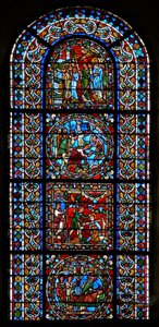 Ventana compuesta de 4 paneles, tres relacionados con San Gervasio y San Protasio de French School