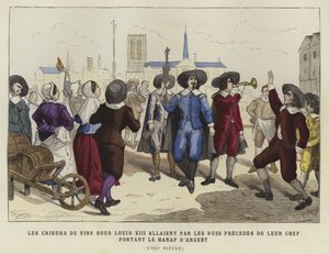 Vendedores de vino pasando por las calles detrás de su líder, llevando la copa de plata, reinado de Luis XIII, siglo XVII de French School