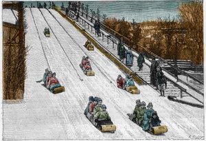 Juego y deporte de invierno: el tobogán, montaña rusa en el Parque de Montreal, Canadá. Grabado en "La Nature. Revue des sciences et de ses aplicaciones aux arts et a l
