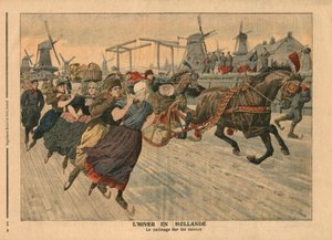 Invierno en Holanda, patinaje sobre hielo en el canal, ilustración de 