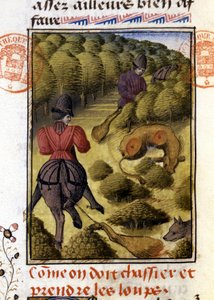 Caza de lobos - en "El libro de caza de Gaston Phoebus, Conde de Foix, Señor de Béarn" de French School