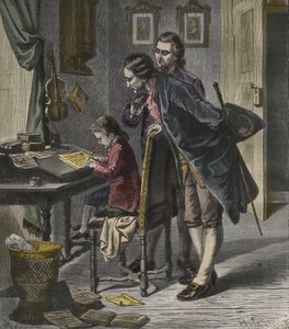 Wolfgang Amadeus Mozart escribiendo un concierto en presencia de su padre, Leopold, ilustración de 