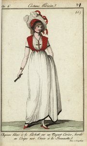Mujer con sombrero Lisbeth a la moda de 1798 (grabado en cobre coloreado a mano) de French School