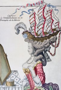 Mujer con un Vestido de Día y un peinado a la Belle Poule, período de la Independencia Americana, 1779-80
