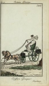 Mujer con peinado griego conduciendo un carruaje en Longchamp de French School
