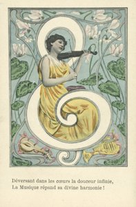 Mujer en clave de sol (litografía en color)