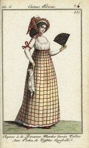 Mujer con sombrero Primerose a la moda de 1798 (grabado en cobre coloreado a mano) de French School