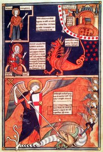 La mujer del Apocalipsis siendo atacada por el dragón de siete cabezas y San Miguel matando al dragón, del Liber Floridus de Lambert de Saint-Omer, c.1120 de French School