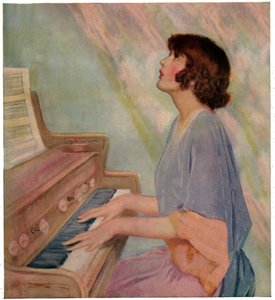 Mujer tocando el órgano. 1924 (grabado) de French School