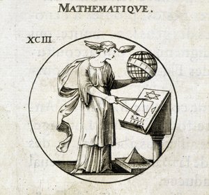 Mujer con compás y globo, personificación de las matemáticas de French School