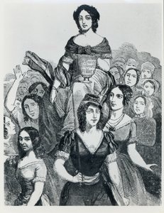 Mujeres llevando a Jeanne Deroin (1805-94) en Triunfo, de Les Femmes Célèbres, volumen I, París, Mazenod, 1848 de French School