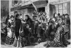 Mujeres y niños cantando himnos en la puerta de los flujos de licor de Chicago a los Estados Unidos de French School