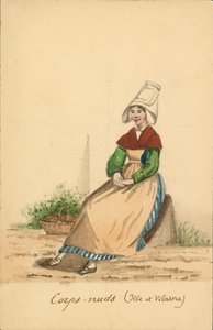 Traje femenino de Corps-Nuds, Ille-et-Vilaine (litografía en color) de French School