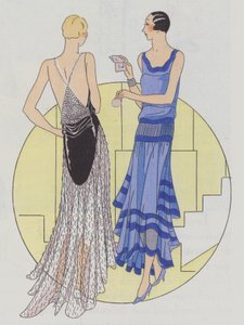Moda femenina de noche de los años 30 de los diseñadores Jenny y Philippe et Gaston (litografía en color)
