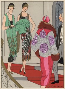 Trajes de noche para mujer de los años 20 de los diseñadores Edward Molyneux y Martial y Amand (litografía en color)