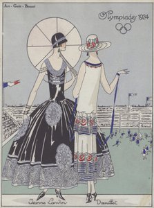 Moda femenina en los Juegos Olímpicos de 1924 por los diseñadores Jeanne Lanvin y Georges Doeuillet (litografía en color)