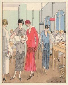 Moda femenina de los años 20 de los diseñadores Jean Patou y Georges Doeuillet (litografía en color)