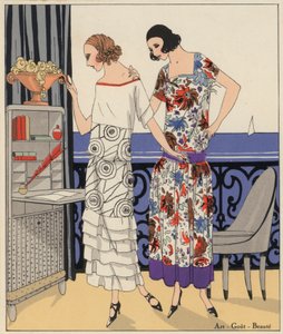 Moda femenina de los años veinte por los diseñadores Philippe y Gaston y Martial y Armand. (litografía en color)