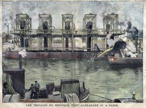 Obras en París del Puente Alejandro III. Grabado de abril de 1898 en “La petite Gironde”.