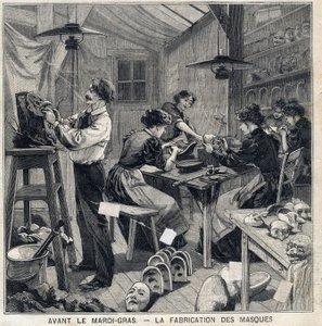 Taller de fabricación de máscaras para los disfraces del festival de Mardi Gras. En "Le Petit Parisien" el 14/02/1897 de French School
