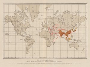 Mapa mundial de la propagación del cólera (litografía en color) de French School