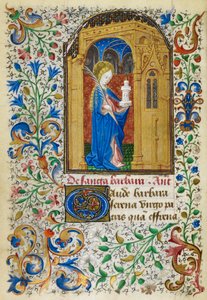 Yates Thompson 3, fol.289v Miniatura de Santa Bárbara bajo un arco dorado, portando una palmera y su torre, con un borde foliado completo, al comienzo de su sufragio, de 