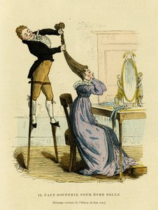 Hay que sufrir para ser bella, dibujo satírico en el que un peluquero sube a una escalera para preparar el peinado de una mujer que hace muecas frente a su espejo. Grabado en color según una impresión del Álbum del Buen Tono, en “Francia y los franceses a 