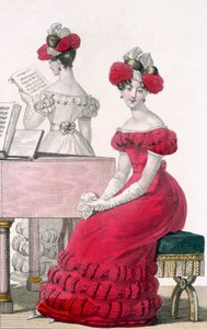 Joven Mujer en un Vestido de Noche de Crepé con un Elaborado Tocado, anuncio en Modes de Paris, c.1825 de French School
