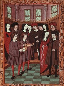 Pareja joven escuchando a músicos, imagen de un manuscrito francés de French School